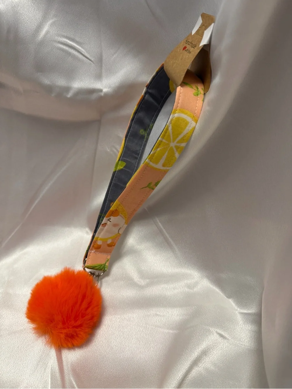 Handmade Orange Pattern Wristlet Keychain with Orange Pompom